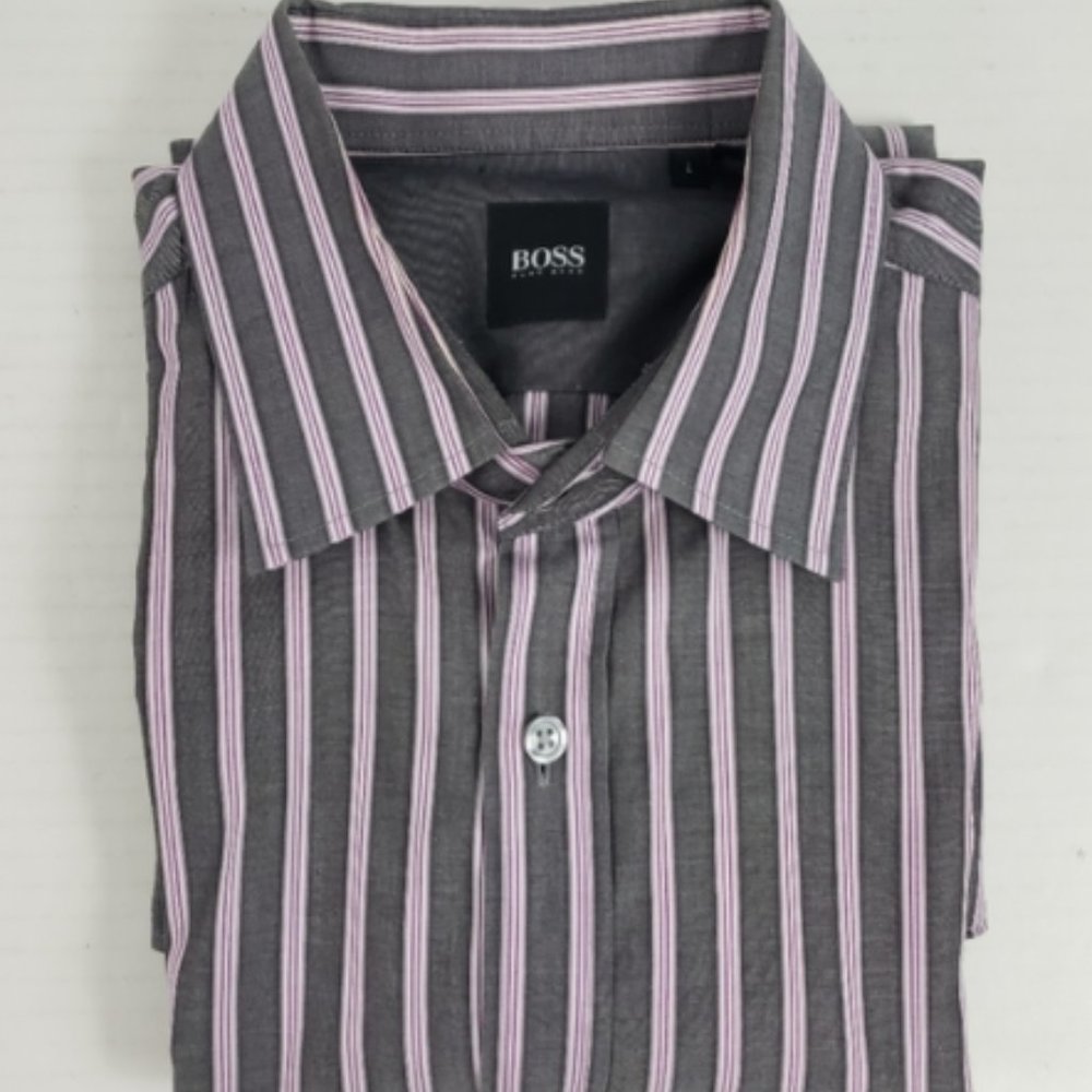Hugo Boss Men Striped Dress Shirt Gray Pink